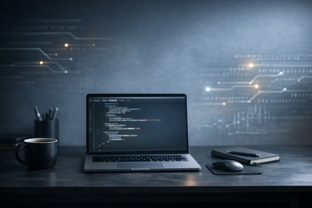 Minimal technology workspace with a laptop displaying code, representing learning, curiosity, and technological exploration.